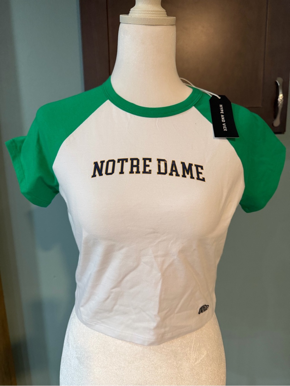 Notre Dame Green & White Raglan Crop Tee - Collegiate Short Sleeve